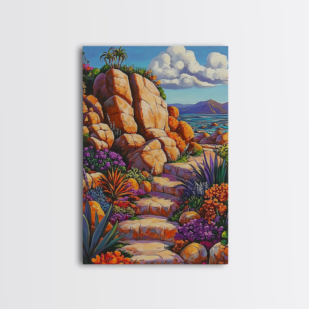 Rocky Pathway, Flowers, Framed Canvas Print, Vibrant Desert Trail Art, Colorful Landscape Wall Decor, Boho Living Room Wall Art