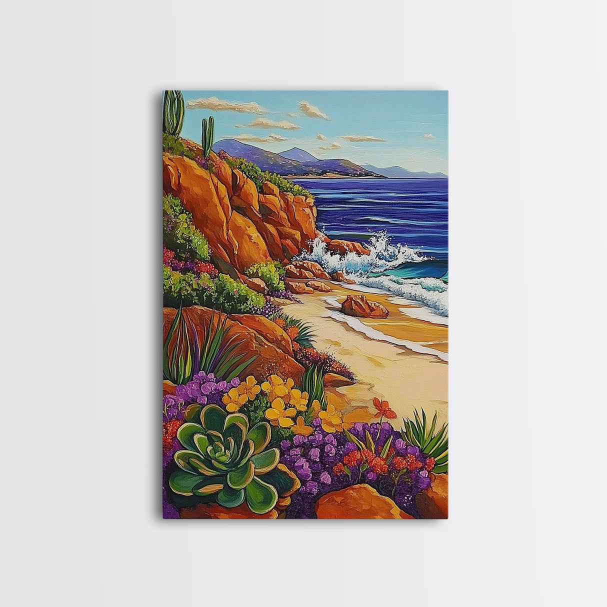 Ocean Cactus, Sunset, Framed Canvas Print, Southwest Coastal Art, Desert Beach Wall Decor, Colorful Nature Scene, Bathroom Wall Art