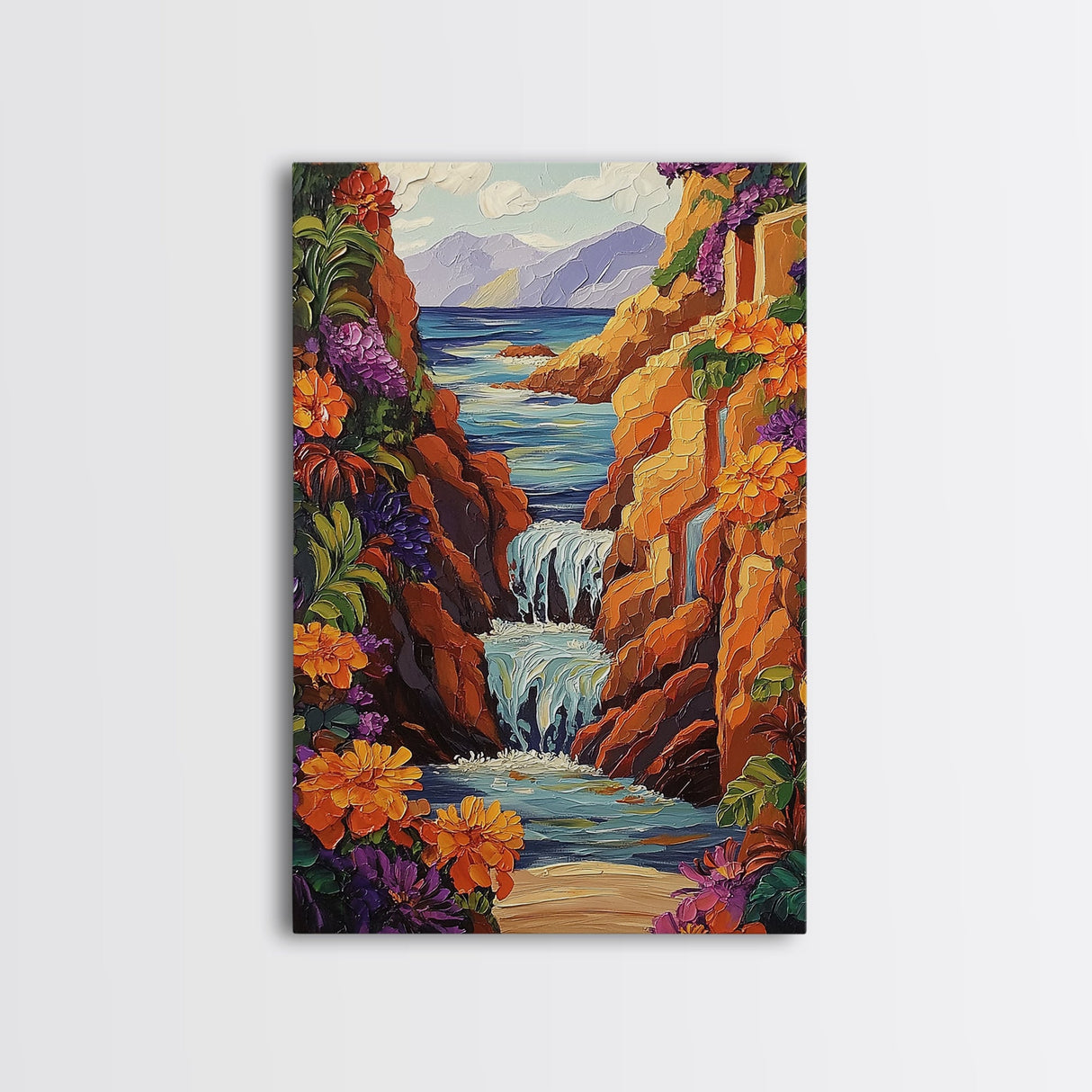 Waterfall Cliffs, Ocean, Framed Canvas Print, Tropical Canyon Wall Art, Colorful Nature Inspired Decor, Bathroom art, Entryway Wall Art