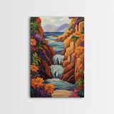 Waterfall Cliffs, Ocean, Framed Canvas Print, Tropical Canyon Wall Art, Colorful Nature Inspired Decor, Bathroom art, Entryway Wall Art