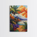 Sunset Palms, Ocean, Autumn, Framed Canvas Print coastal tropical wall art, bold sunset palm decor, boho living room art, beach house vibe