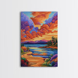 Sunset Lake, Pathway, Dreamy, Framed Canvas Print vibrant sunset lake art, colorful sky and mountain scene, living room art, office boho decor