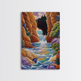 Waterfall Arch, Canyon, Coastal, Framed Canvas Print dramatic coastal waterfall painting, colorful canyon ocean view, nature boho decor