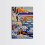 Winter Fishing, Snow, Landscape, Framed Canvas Print peaceful snowy fishing scene, winter mountain art, lodge or cabin living room wall decor