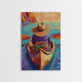 Hat River, Canoe, Bright Framed Canvas Print, Relaxing Boho Wall Art, Colorful Nature Lover Gift, Unique Summer Travel Vibes