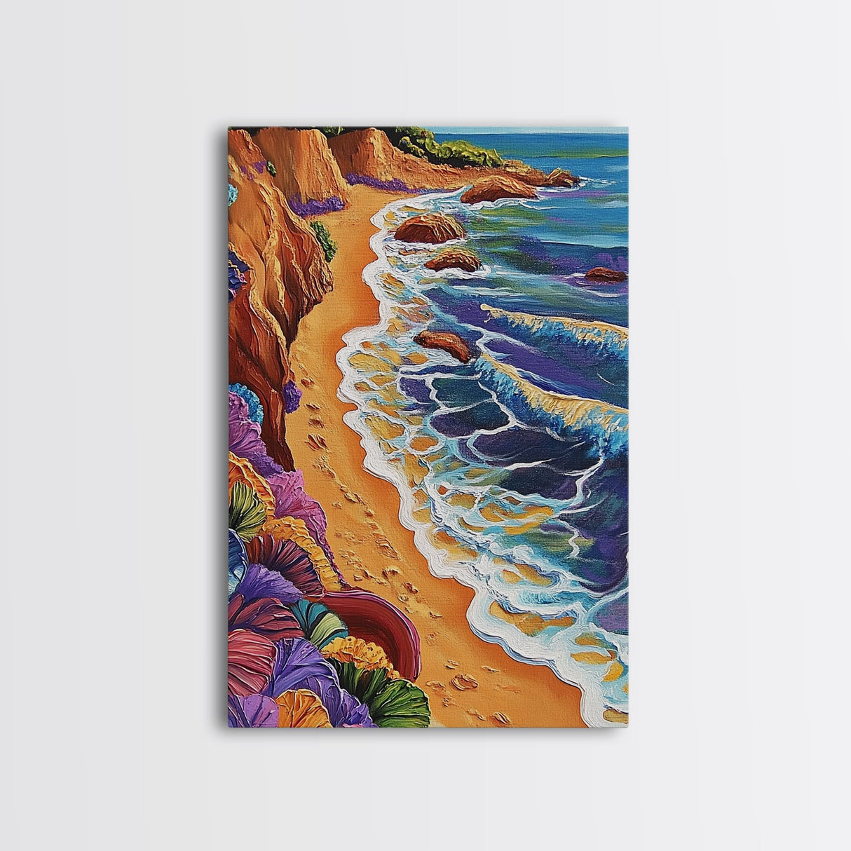 Cliff Shoreline, Ocean, Flowers, Framed Canvas Print, coastal boho art, colorful seascape, beach lover gift, bathroom or hallway art