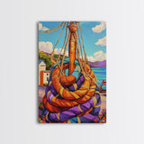 Nautical Rope, Dock, Summer, Framed Canvas Print, Nautical Rope Wall Art, Summer Decor, Bright Harbor Painting, Beach House Wall Accent