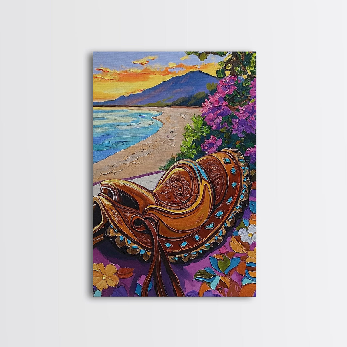 Saddle Sunset, Coastal, Rustic, Framed Canvas Print, Coastal Wall Art, Western Sunset Decor, Rustic Summer Vibes, Living Room Boho Artwork