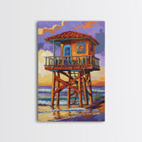 Lifeguard Ocean, Surf, Sunset, Framed Canvas Print, Vibrant Lifeguard Tower Canvas, Surf Shack Painting, Beach Wall Art, Living Room Accent
