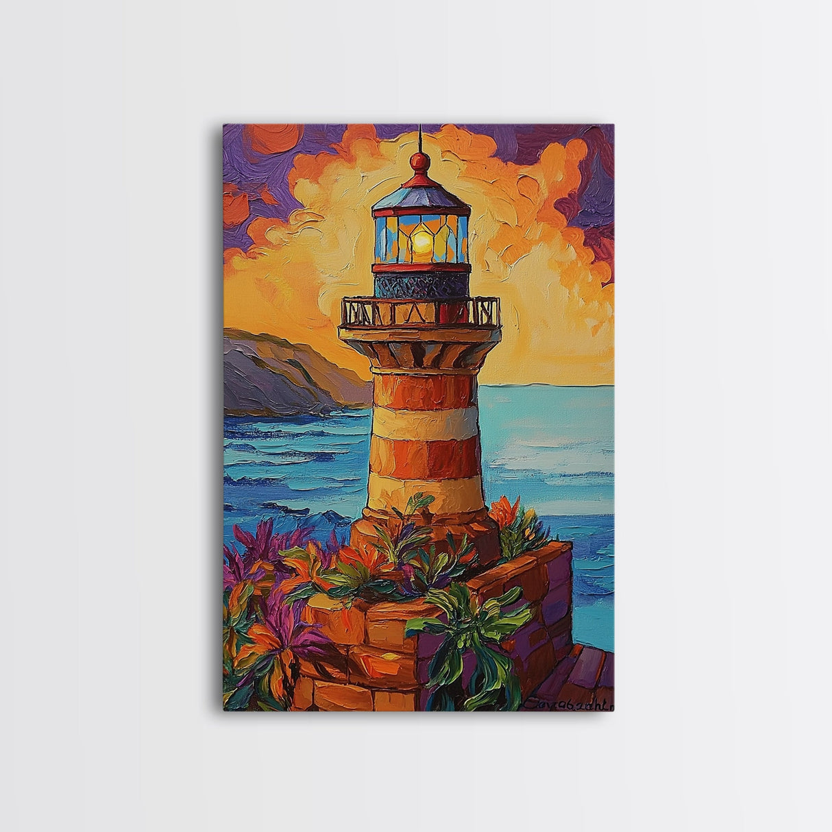 Lighthouse Ocean, Sunset, Boho, Framed Canvas Print, Lighthouse Wall Art, Coastal Decor, Nautical Sunset Canvas, Living Room Boho Artwork