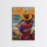 Seaside Man, Sunset, Framed Canvas Print, Vibrant beach artwork, coastal boho decor, hallway wall art, Mexico travel scene painting