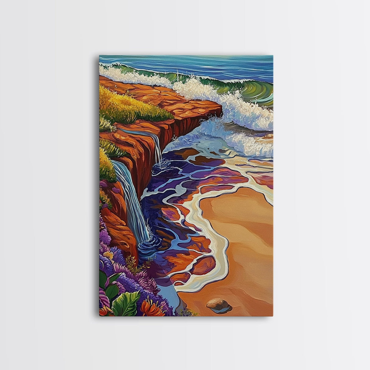 Waterfall Beach, Sunset, Coastal Landscape Framed Canvas Print, Colorful Ocean Wall Decor, Living Room Coastal Art, Seaside Painting
