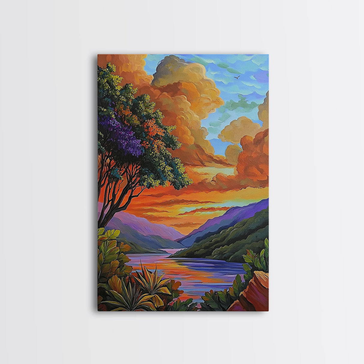Sunset Lake, Tree, Vivid Nature Framed Canvas Print, Autumn Scenic Wall Art, Bedroom Fall Landscape Decor, Impressionist Style