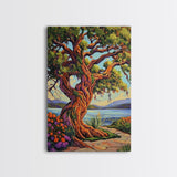 Majestic Tree, Lakeside, Sunset Canvas Print, Nature Lover’s Wall Art, Cabin Living Room Decor, Whimsical Landscape Painting