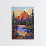 Mountain Sunset, Floral, Lakeview Framed Canvas Print, Bold Nature Landscape, Entryway Autumn Art, Vibrant Boho Wall Decor