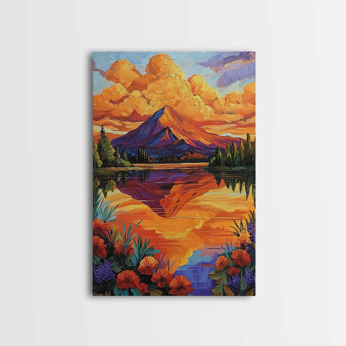 Mountain Reflection, Lake, Sunset, Framed Canvas Print, Vibrant Nature Wall Art, Rustic Cabin Decor, Bold Sunset Landscape Painting