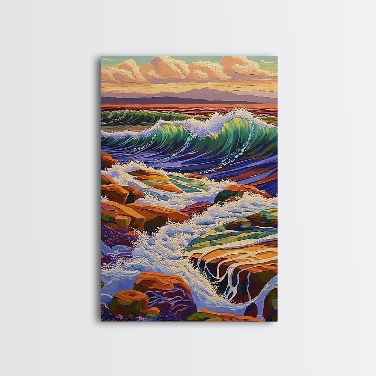 Waves Rocky, Shoreline, Sunset, Framed Canvas Print, Coastal Nature Art, Vibrant Seascape Wall Decor, Bathroom or Living Room Art