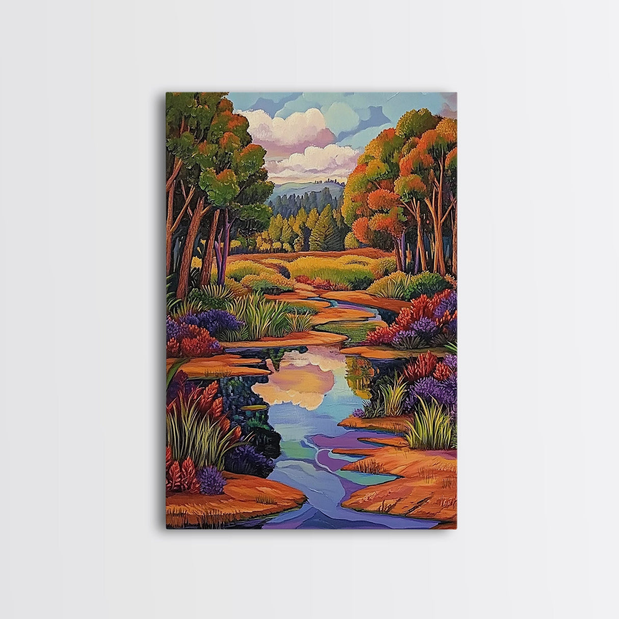 Autumn Trees, Reflection, Canvas Print, Fall forest scene, living room art, nature inspired decor, woodland painting, cozy autumn vibes