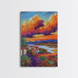 Village Sunset, Clouds, Landscape, Framed Canvas Print, Colorful Scenic Wall Art, Rustic Living Room Decor, Mediterranean Countryside