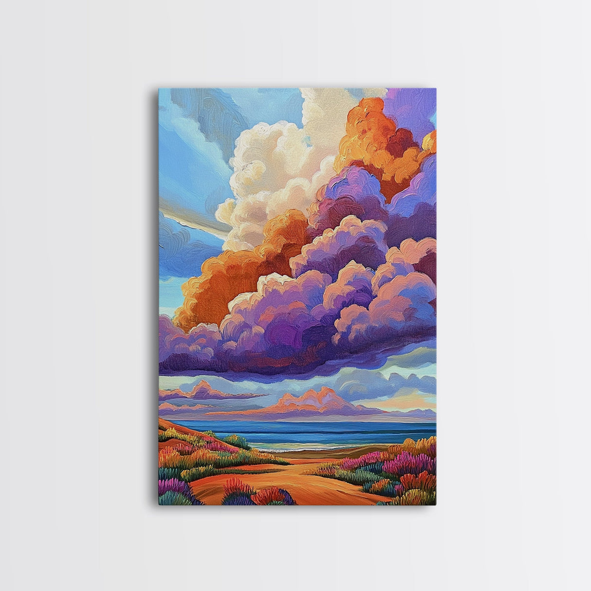 Majestic Cloudscape Art, Sunset Beach Painting, Bold Sky Print, Dreamy Nature Decor, Framed Canvas Print, Living Room Wall Art, surreal art