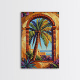 Palm Tree, Tropical Window, Coastal Home, Framed Canvas Print, beach wall art, boho art, Mediterranean decor, Kitchen Wall Art