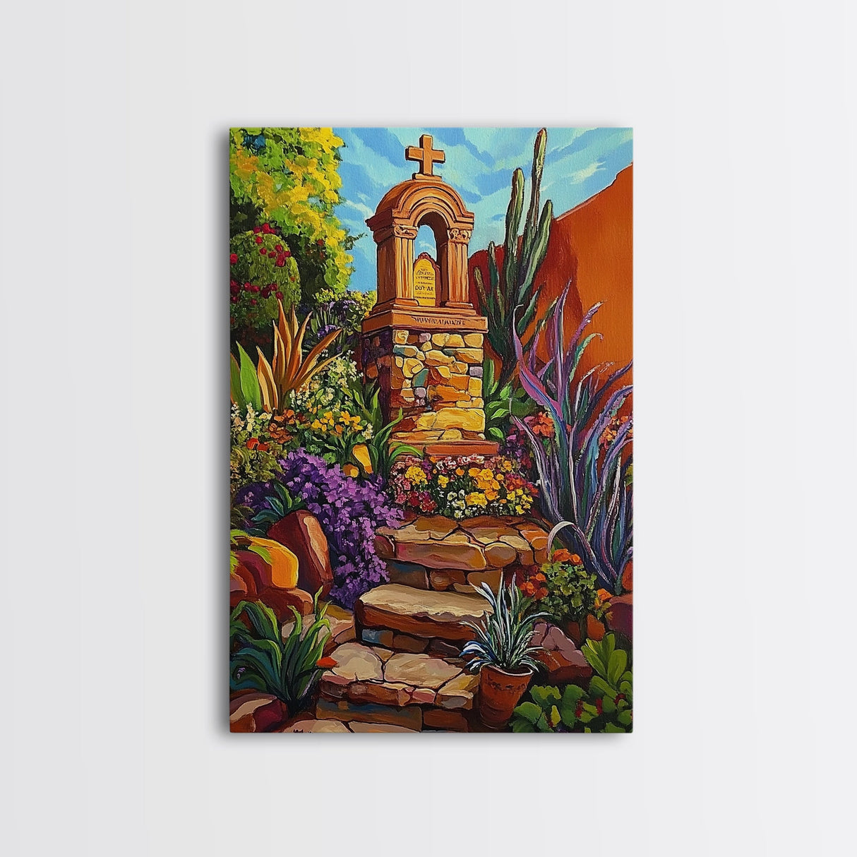 Garden Shrine, Stone Steps, Mission Style, Framed Canvas Print, colorful religious art, desert decor, boho rustic, Living Room Wall Art