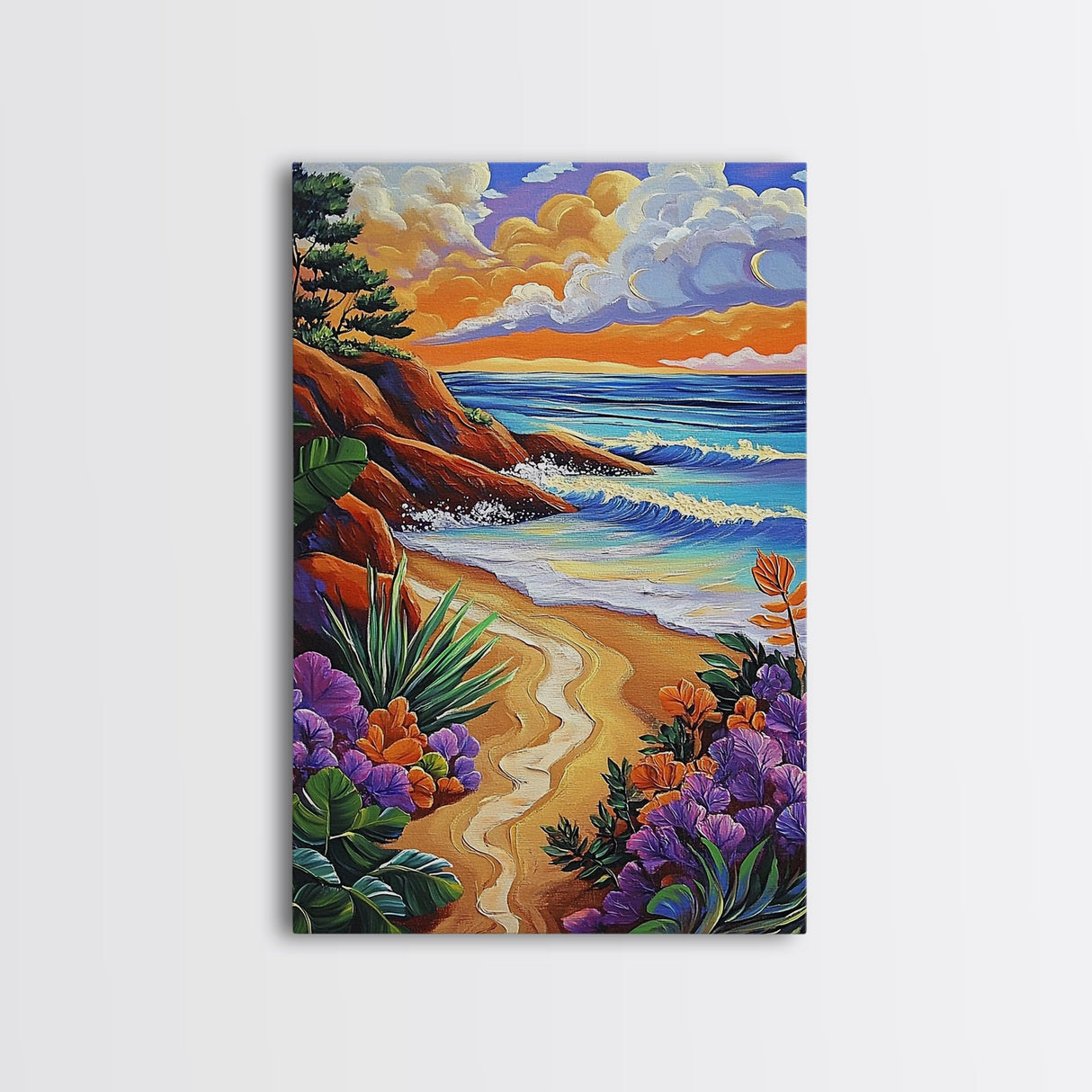 Coastal Sunset, Tropical Beach, Colorful Seascape, Ocean Art, Framed Canvas Print, Vibrant wall decor, Bathroom Wall Art, boho art