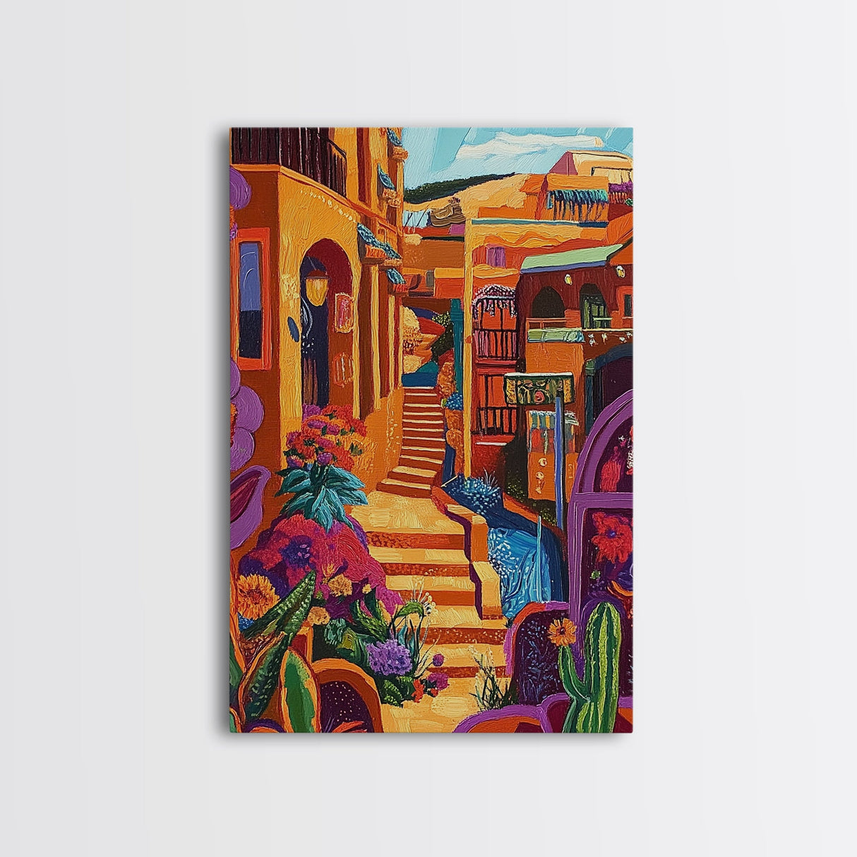 Adobe Village, Desert Color, Southwest Scene, Bright Homes, Framed Canvas Print, Living Room Wall Art, boho rustic art, warm decor