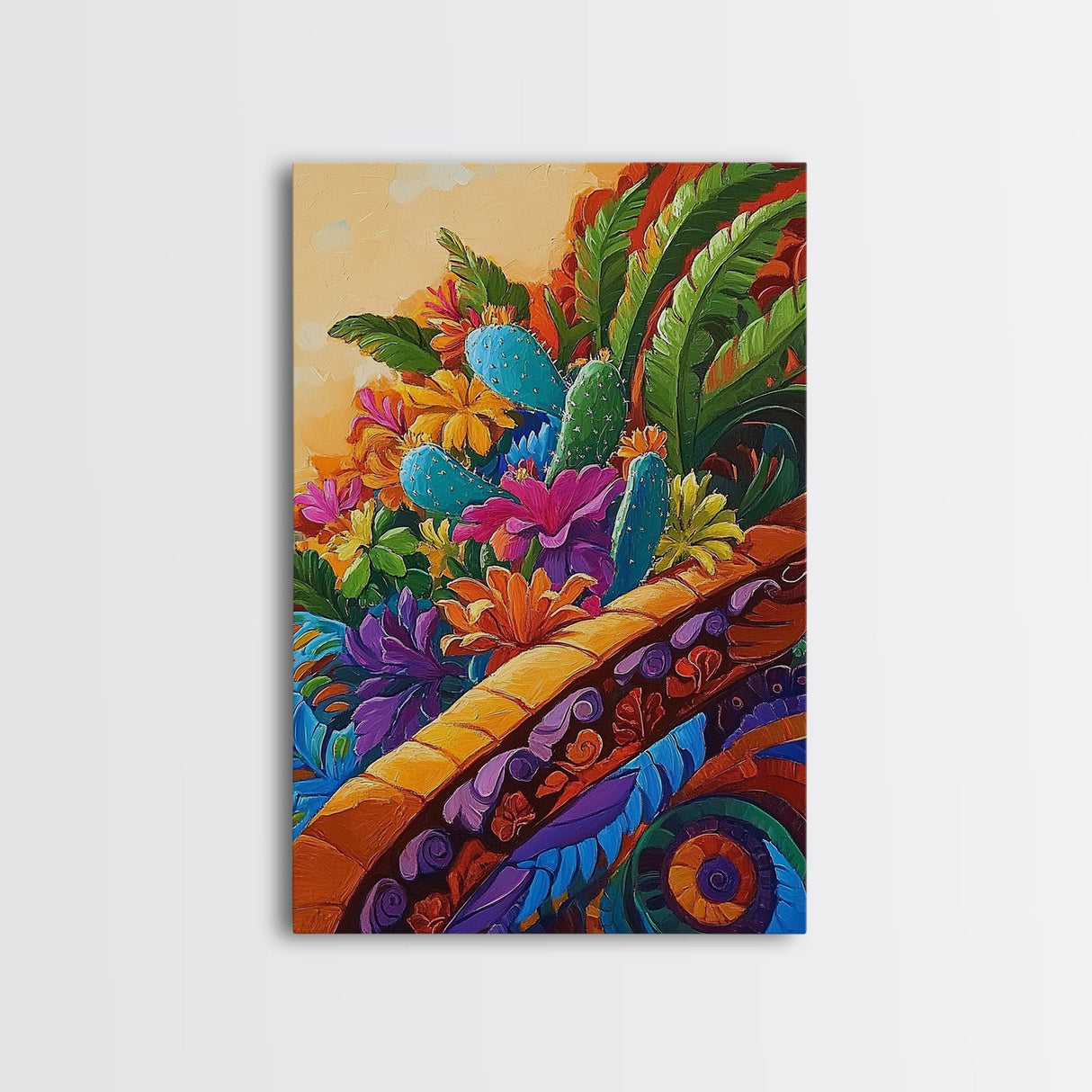 Fiesta Garden, Cactus Flowers, Bright Patio, Mexican Blooms, Framed Canvas Print, Kitchen Wall Art, boho floral decor, folk charm