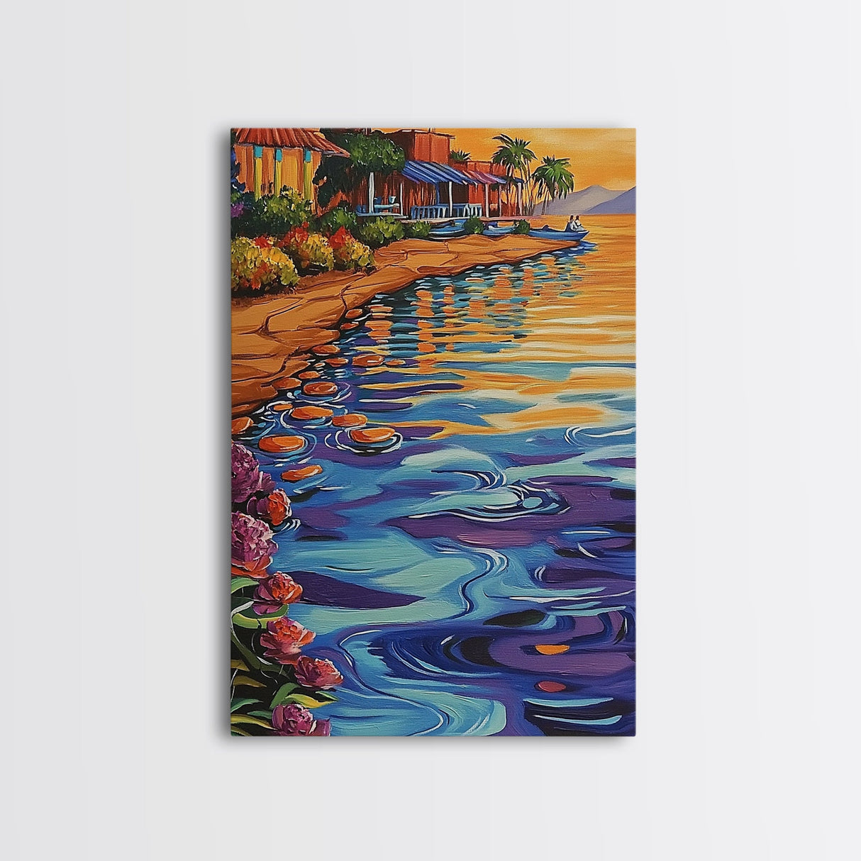 Waterfront Glow, Sunset Village, Palm Colors, Tranquil Scene, Framed Canvas Print, Dining Room Wall Art, Coastal Home Decor, Tropical Vibes