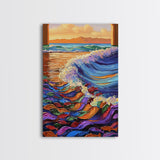 Wave Splash, Colorful Fish, Ocean Dance, Sunset Surf, Framed Canvas Print, Coastal Wall Art, Playroom Decor, Underwater Fantasy Art