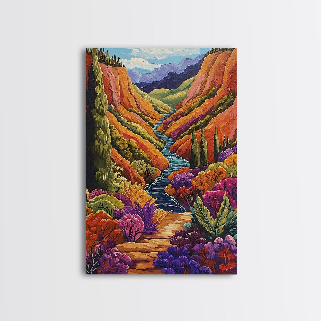 Vibrant Canyon Trail, Fall Mountainscape Art, Colorful Nature Painting, Canvas Print, Autumn Decor, Rustic Cabin Wall Art, Boho Vibe