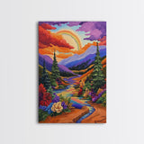 Rainbow Over Mountains, Sunset Pine Forest, Vibrant Landscape, Framed Canvas Print, Kids Room Art, Uplifting Boho Style Wall Decor