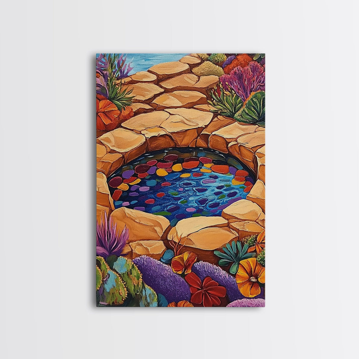 Stone Pool Oasis, Desert Garden Art, Colorful Rock Pond Scene, Framed Canvas Print, Bathroom Wall Decor, Bohemian Nature Art