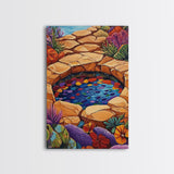 Stone Pool Oasis, Desert Garden Art, Colorful Rock Pond Scene, Framed Canvas Print, Bathroom Wall Decor, Bohemian Nature Art