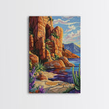 Desert Cliffside, Ocean View, Nature Painting, Colorful Landscape, Living Room Wall Art, Framed Canvas Print, Southwest Home Decor