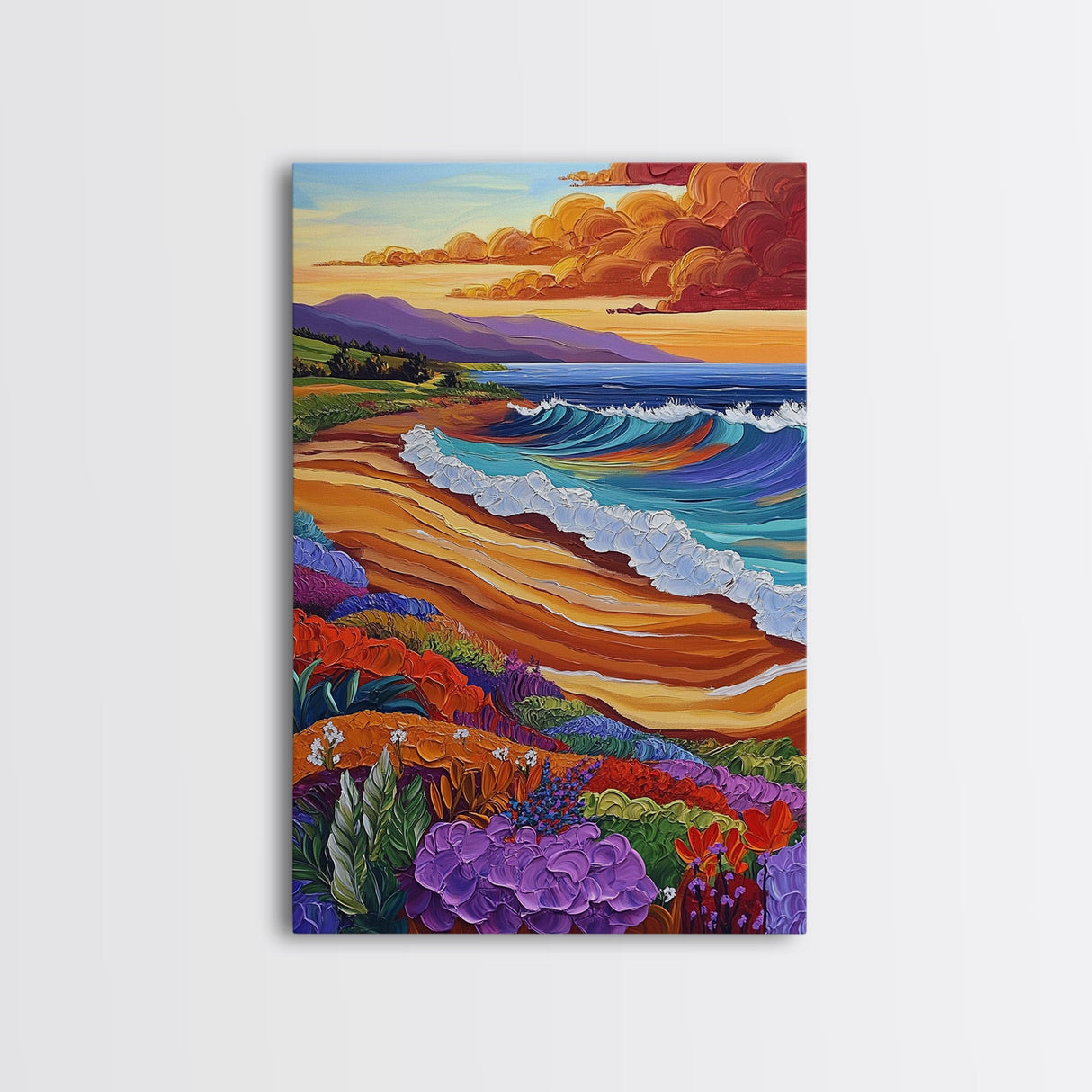 Ocean Sunset, Colorful Beach, Coastal Vibes, Tropical Flowers, Fall Wall Art, Dining Room Decor, Canvas Print, Vibrant Landscape Art