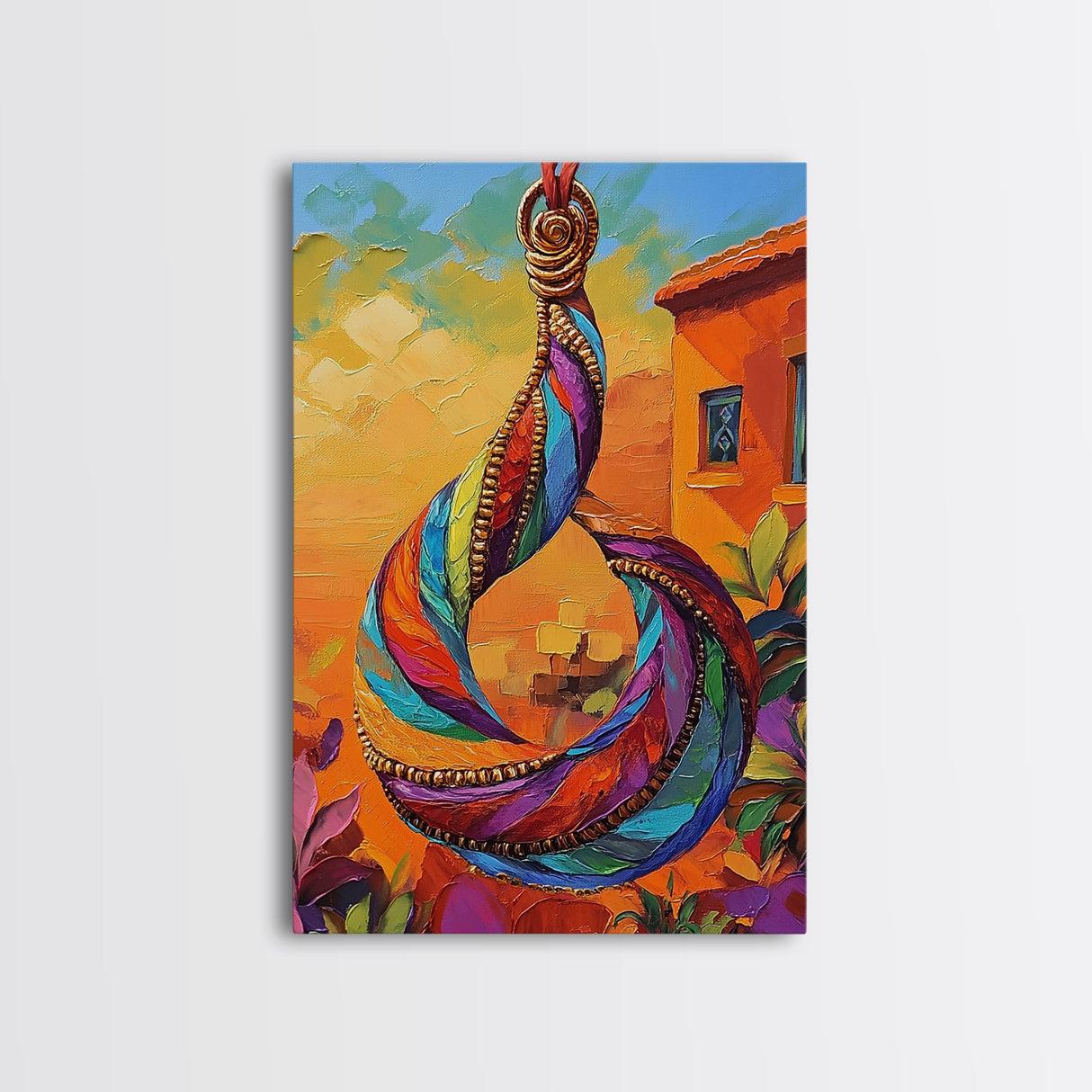 Colorful Pendant, Abstract Jewelry, Bohemian Style, Artistic Decor, Warm Sunset Tones, Bedroom Wall Art, Framed Canvas Print