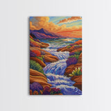 Waterfall Stream, Sunset Sky, Mountain Flow, Fall Colors, Nature Home Decor, Rustic Cabin Vibe, Canvas Print, Living Room Wall Art