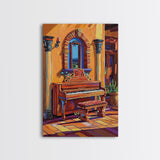 Spanish Piano, Sunlit Interior, Warm Rustic Style, Music Room Wall Art, Traditional Decor, Framed Canvas Print, Mediterranean Home Vibe