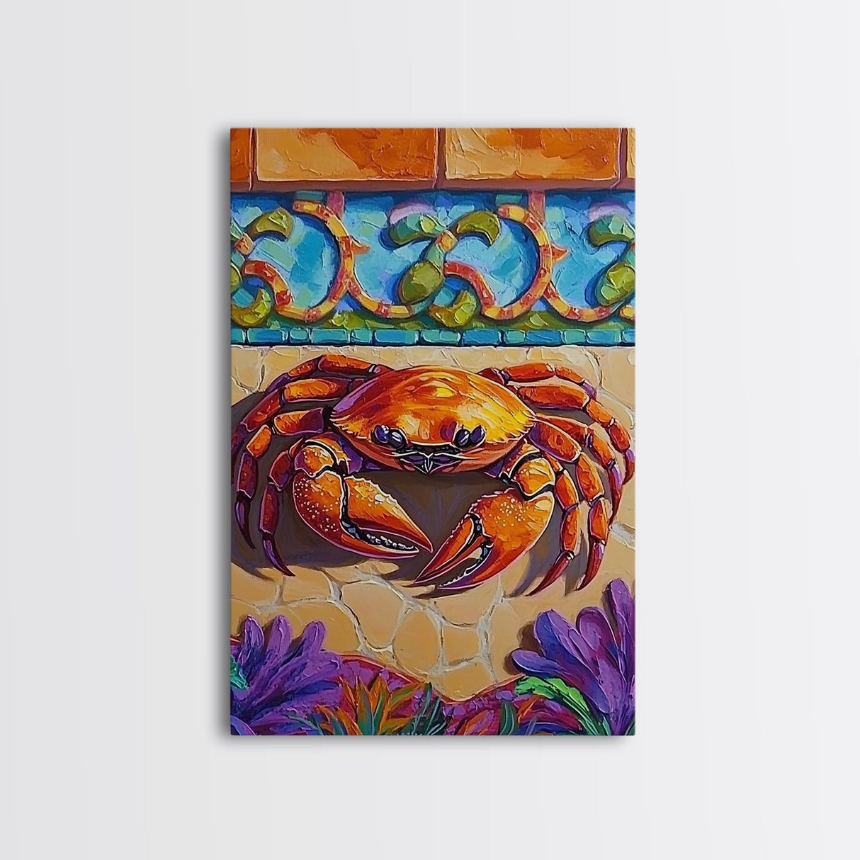 Colorful Crab, Coastal Tile Art, Beachy Wall Accent, Nautical Style, Kitchen Wall Art, Seaside Decor, Canvas Print, Tropical Vibe
