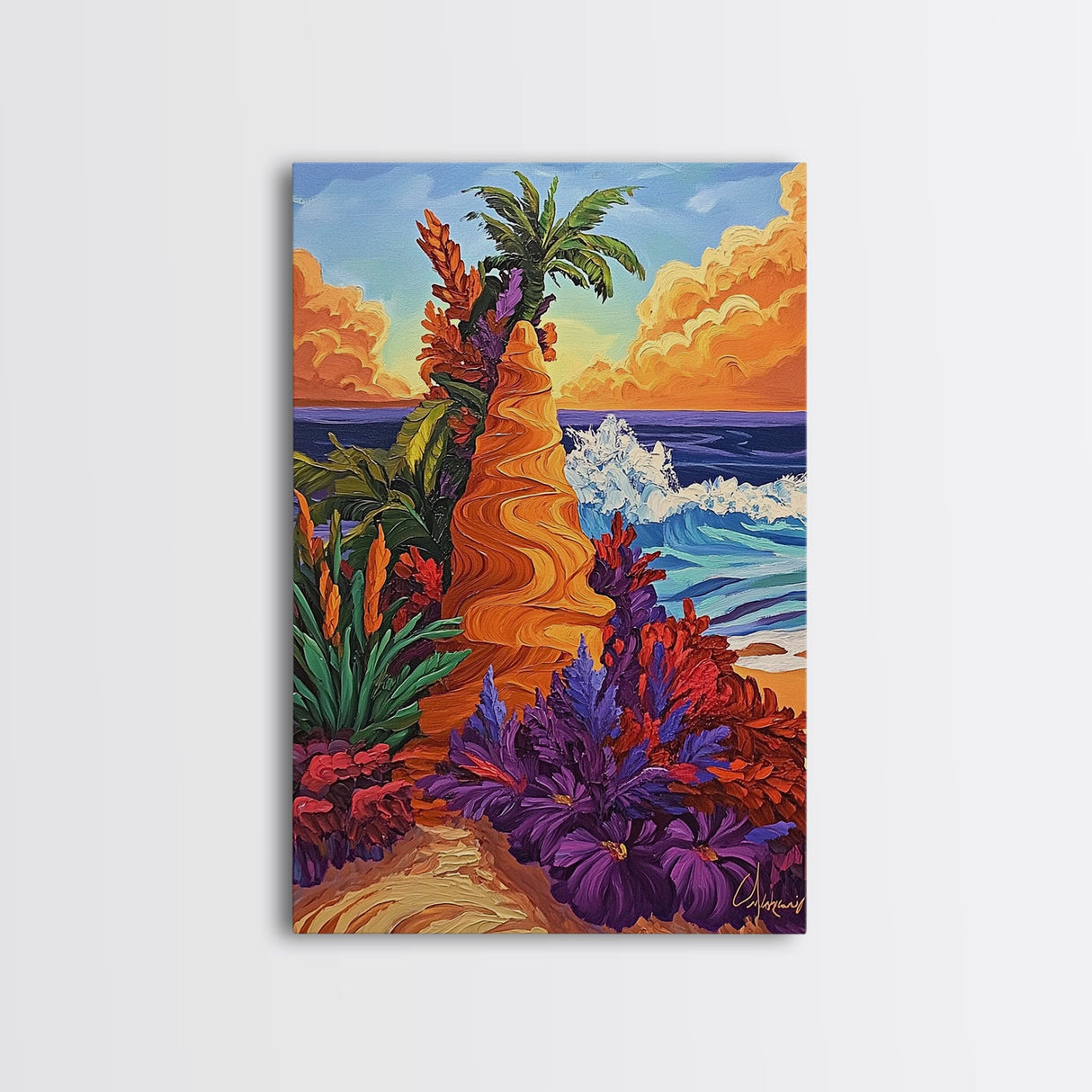 Tropical Bluff, Palm Trees, Coastal Fantasy Scene, Bold Beach Colors, Seaside Home Decor, Canvas Print, Living Room Wall Art