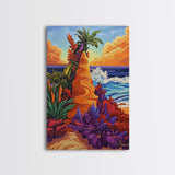 Tropical Bluff, Palm Trees, Coastal Fantasy Scene, Bold Beach Colors, Seaside Home Decor, Canvas Print, Living Room Wall Art