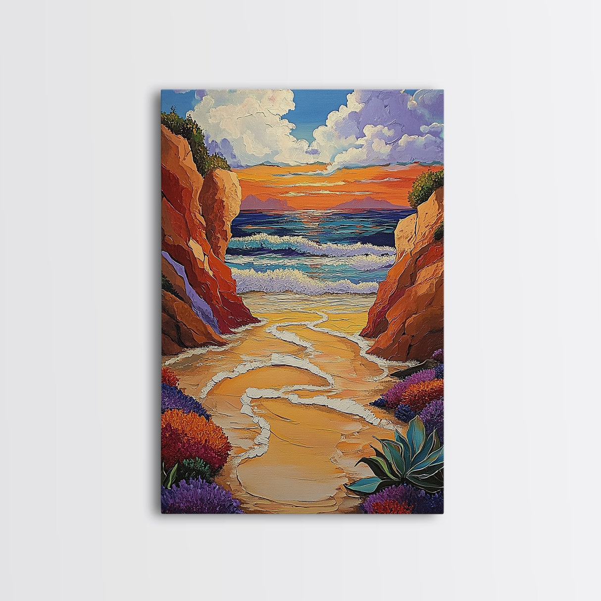 Golden Beach, Sunset Cliffs, Vibrant Ocean Art, Coastal Escape, Fall Color Palette, Canvas Print, Bedroom Wall Art, Tranquil Style