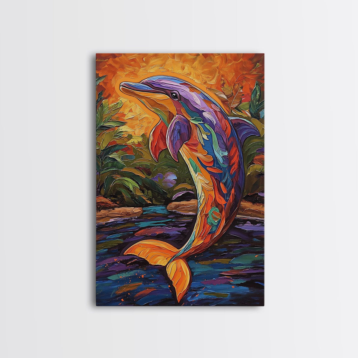 Dolphin Colorful Ocean Art, Framed Canvas Print, Tropical beach art, boho animal painting, coastal nursery wall art, vivid decor