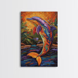 Dolphin Colorful Ocean Art, Framed Canvas Print, Tropical beach art, boho animal painting, coastal nursery wall art, vivid decor