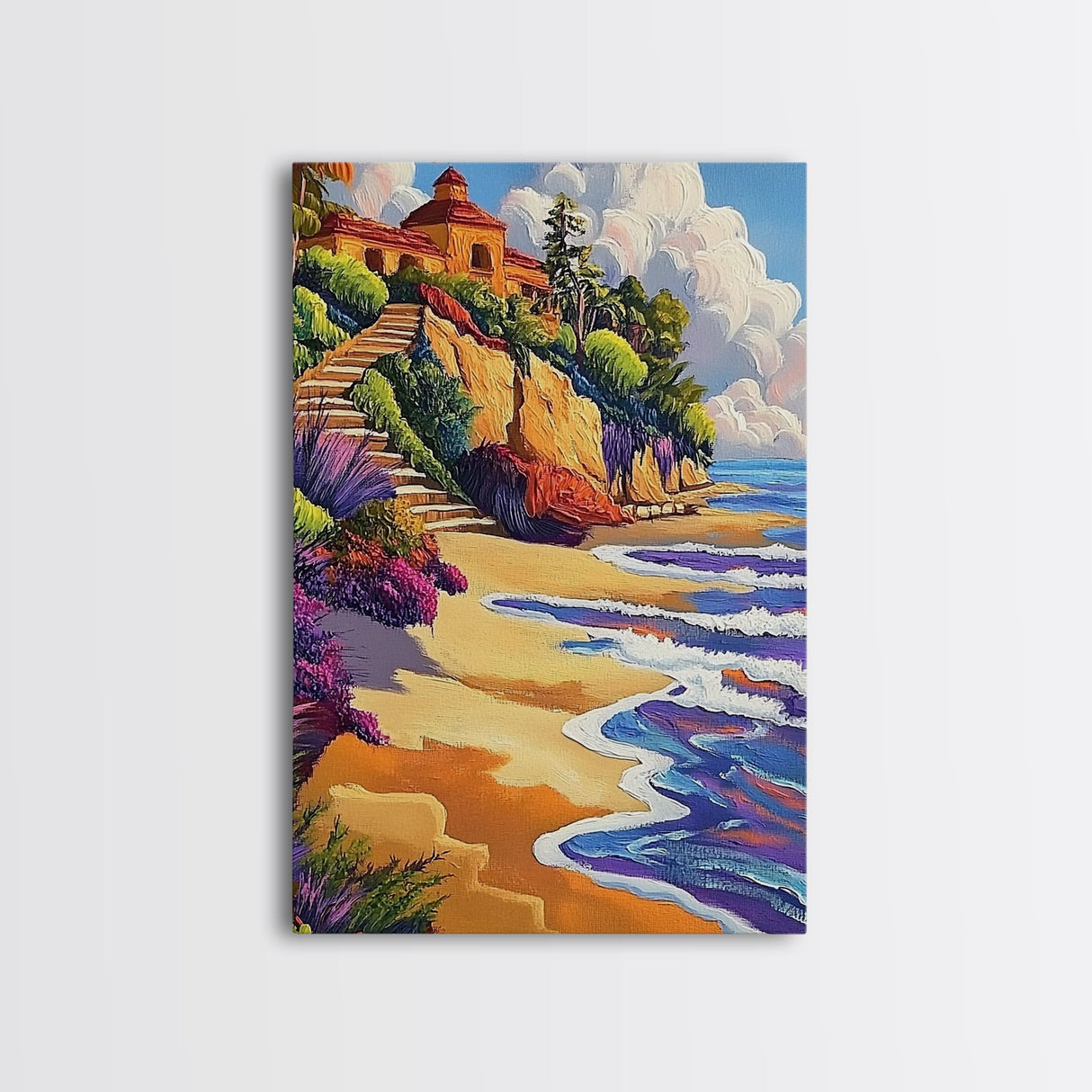 Seaside Villa, Cliffside Beach, Coastal Home Art, Warm Summer Scene, Mediterranean Decor, Canvas Print, Dining Room Wall Accent