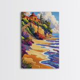 Seaside Villa, Cliffside Beach, Coastal Home Art, Warm Summer Scene, Mediterranean Decor, Canvas Print, Dining Room Wall Accent