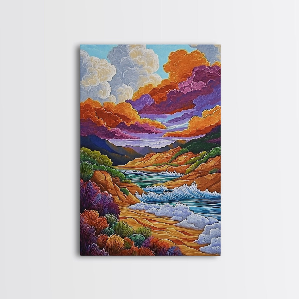Dramatic Sky, Ocean Hills, Coastal Magic, Colorful Clouds, Framed Canvas Print, living room coastal decor, vibrant nature art, boho fall