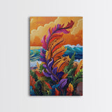 Feather Leaves, Ocean Vibe, Sunset Garden, Fall Colors, Framed Canvas Print, botanical wave art, autumn leaf decor, coastal plant painting